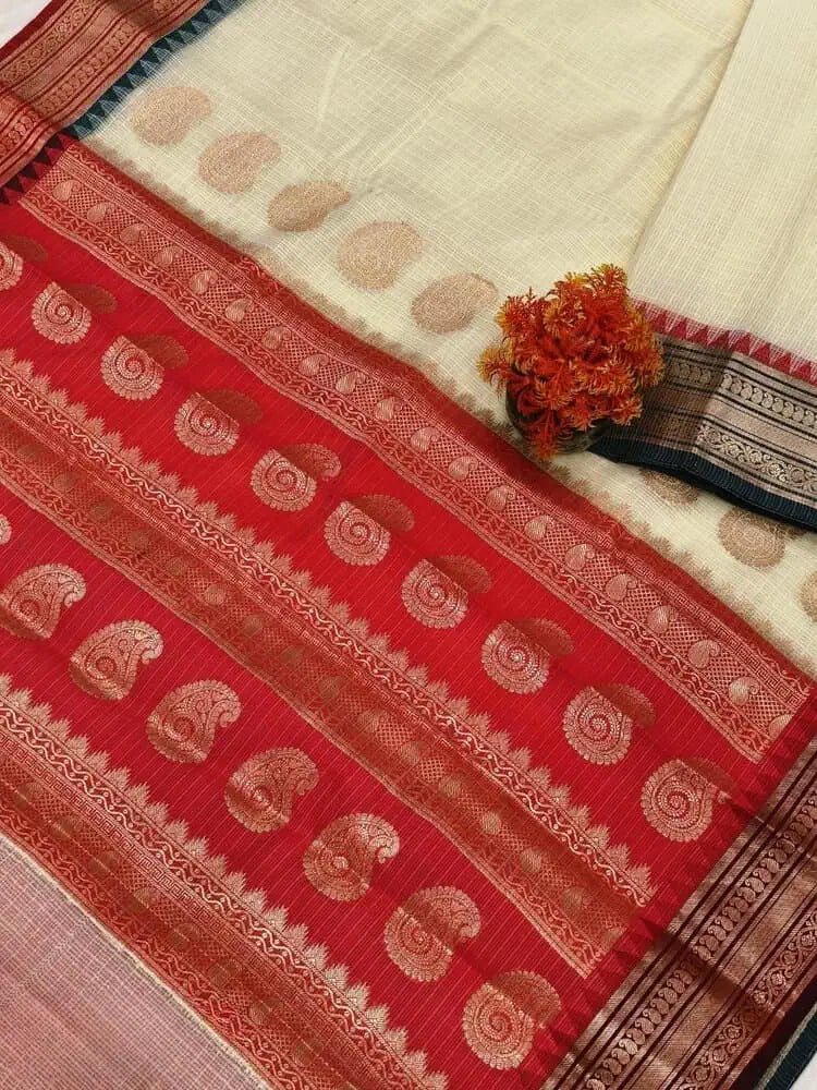 Offwhite Kota Gadwal Cotton Saree: Ethnic Wear, Durga Puja - S10356 - Saree - Aakritee - S10356