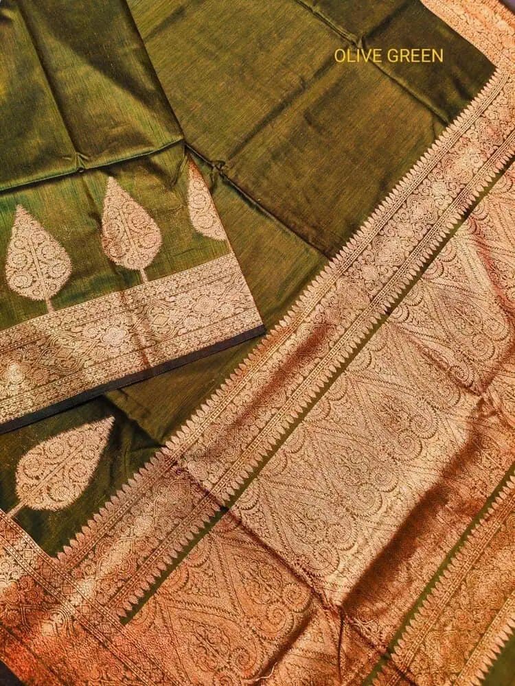 Olive Banarasi Silk Saree: Semi Katan Ethnic Wear, Festive - S10352 - Saree - Aakritee - S10352