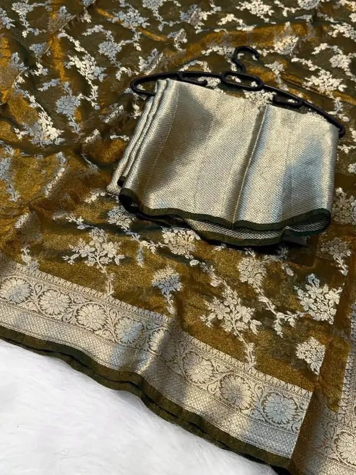 Olive Crush Tissue Banarasi Saree - Saree Crush Tissue Banarasi Olive Festive Party Wear Diwali Pujo Edit S11216 - Saree - Aakritee - S11216