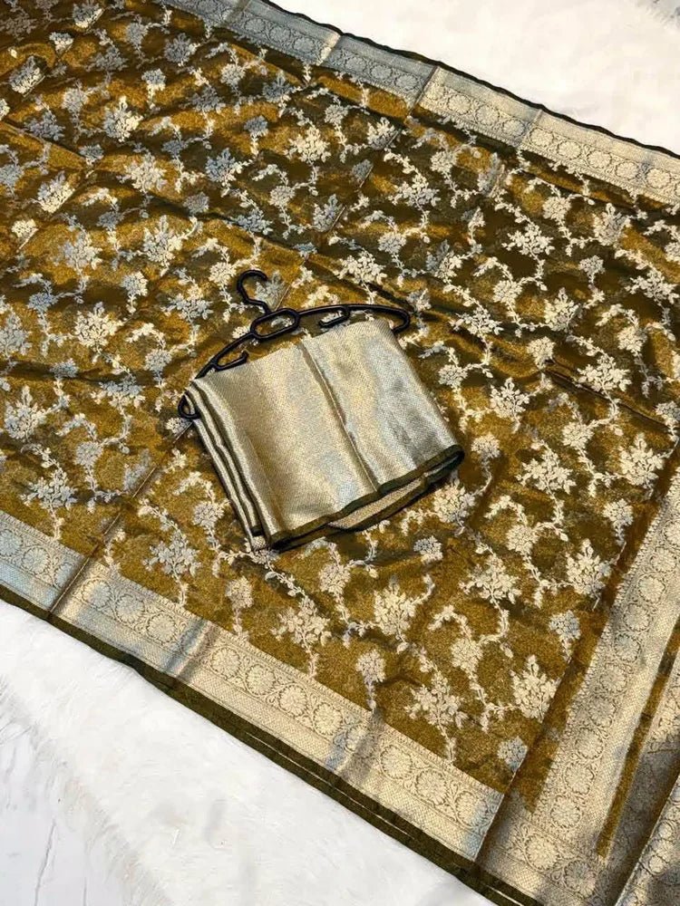 Olive Crush Tissue Banarasi Saree - Saree Crush Tissue Banarasi Olive Festive Party Wear Diwali Pujo Edit S11216 - Saree - Aakritee - S11216