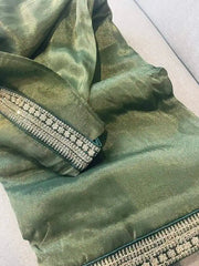 Olive Green Tissue Silk Saree with Gotapatti - Party Wear - Saree - Aakritee - S10674