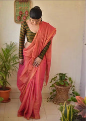 Orange Tissue Linen Saree: Ethnic Wear, Festive - S10358 - Saree - Aakritee - S10358