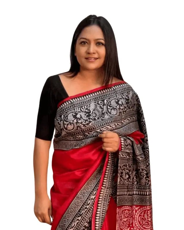 Party Wear Murshidabadi Silk Saree, Red Black, Durga Puja - Saree - Aakritee - S10589