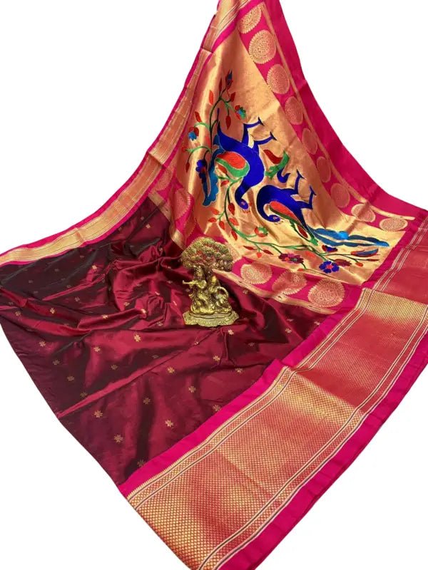 Party Wear Paithani Saree, Wine, Festive, Durga Puja - Saree - Aakritee - S10588