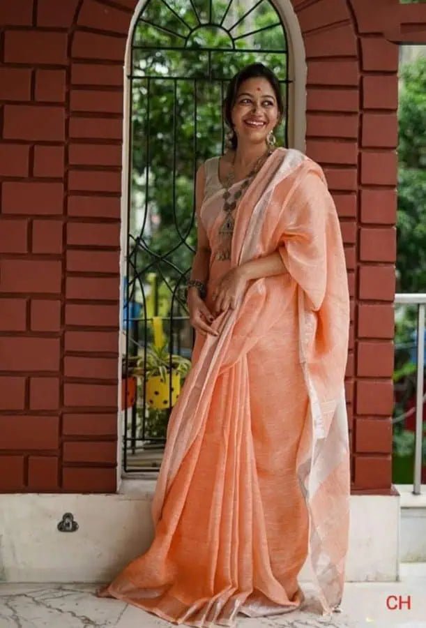 Peach Linen Summer Saree with Silver Zari - Casual Wear - Saree - Aakritee - S10677