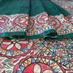 Peacock Green Handpainted Madhubani Tussar Ghicha Saree, Festive, Durga Puja - S10388 - Saree - Aakritee - S10388