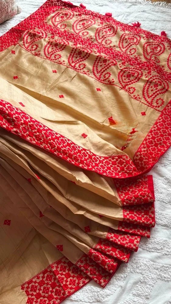 Peru Tussar Gujarati Embroidery Saree - Saree Tussar Gujarati Embroidery Peru Festive Pujo Edit Diwali S11251 - Saree - Aakritee - S11251