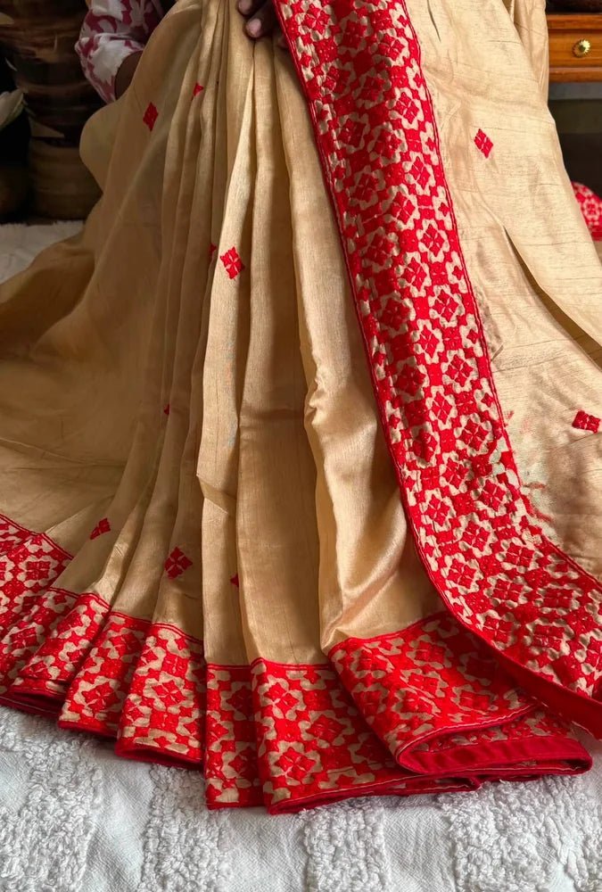 Peru Tussar Gujarati Embroidery Saree - Saree Tussar Gujarati Embroidery Peru Festive Pujo Edit Diwali S11251 - Saree - Aakritee - S11251