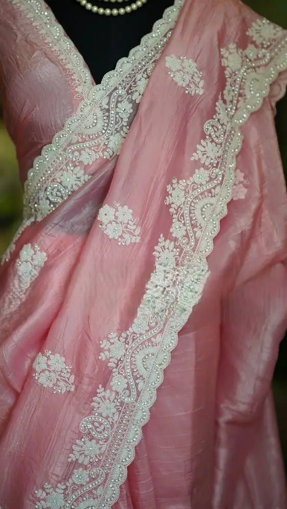 Pink Organza Saree - Tissue Organza Embroidery Party Wear Festive Pink S11072 - Saree - Aakritee - S11072