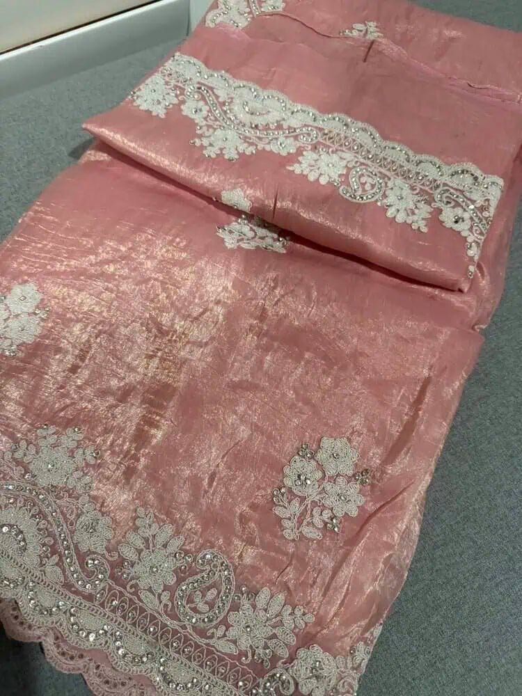Pink Organza Saree - Tissue Organza Embroidery Party Wear Festive Pink S11072 - Saree - Aakritee - S11072