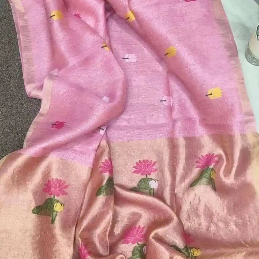 Pink Tissue Saree - Saree Pure Handloom Tissue Linen Jamdani Pink Festive Diwali Pujo Edit S11117 - Saree - Aakritee - S11117