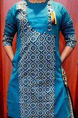 Punjabi Cotton Ajrakh Blue PK00137 - Kurta - Punjabi - Aakritee - PK00137