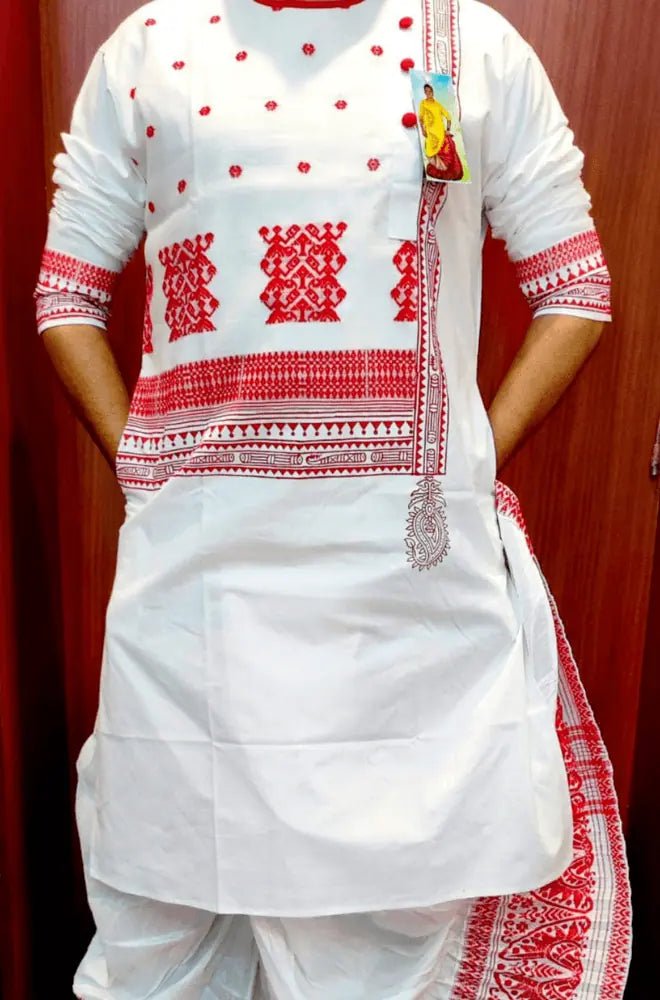 Punjabi Cotton block print with assam weave White PK00143 - Kurta - Punjabi - Aakritee - PK00143