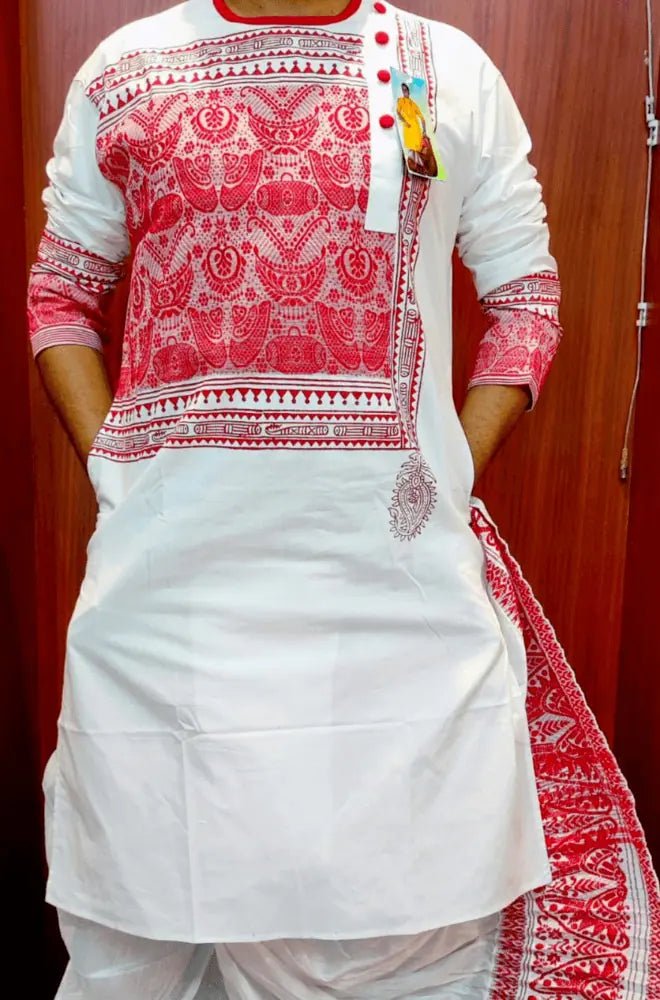 Punjabi Cotton block print with assam weave White PK00146 - Kurta - Punjabi - Aakritee - PK00146