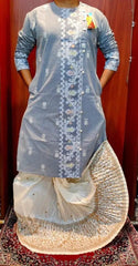 Punjabi Jamdani Weaving Grey White Festive Traditional Ethnic Wear - Kurta - Punjabi - Aakritee - PK00208
