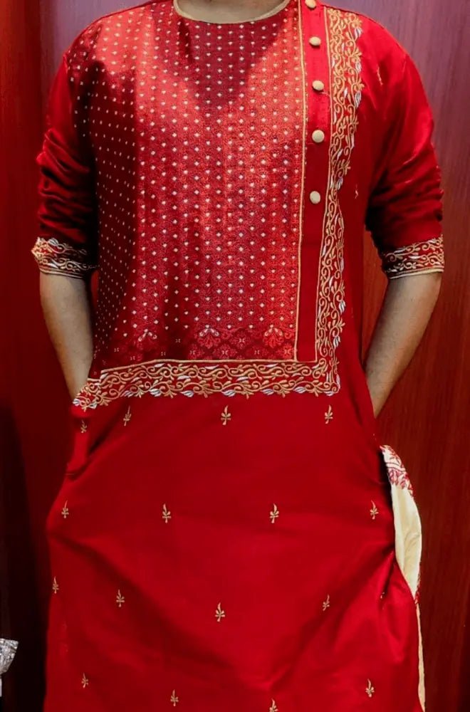 Punjabi khadi silk embroidery Maroon PK00144 - Kurta - Punjabi - Aakritee - PK00144