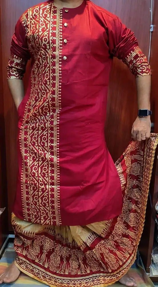 Punjabi/Kurta Cotton Hand Block Print Dark Red - Kurta - Punjabi - Aakritee - PK00184