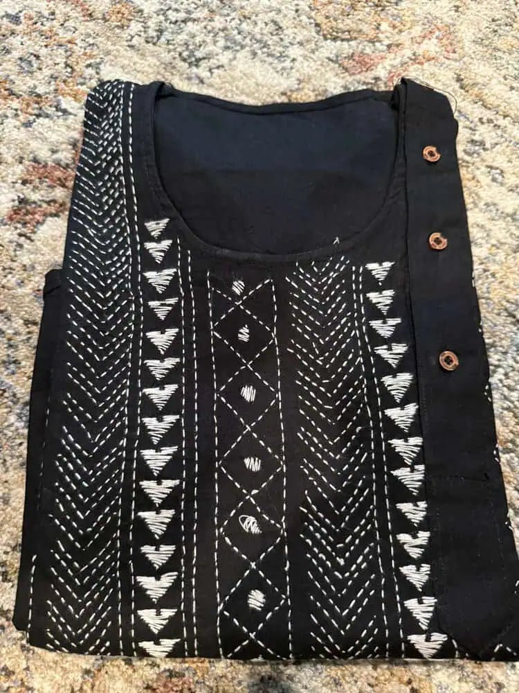 Punjabi/Kurta Cotton Hand Kantha Stitch - Black & White - 55 AUD - Kurta - Punjabi - Aakritee - PK00194