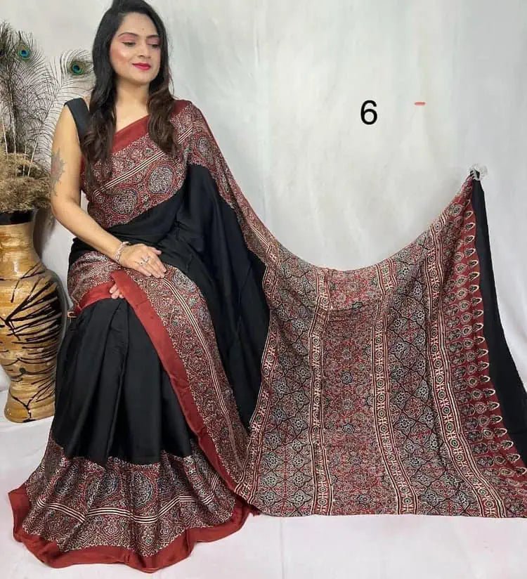 Pure Modal Silk Ajrakh Saree Ð Black Festive Wear - Saree - Aakritee - S10787