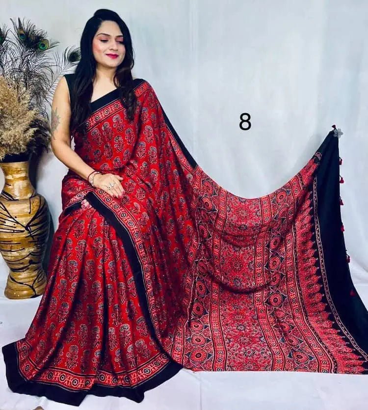 Pure Modal Silk Ajrakh Saree Ð Dark Red Festive Wear - Saree - Aakritee - S10789