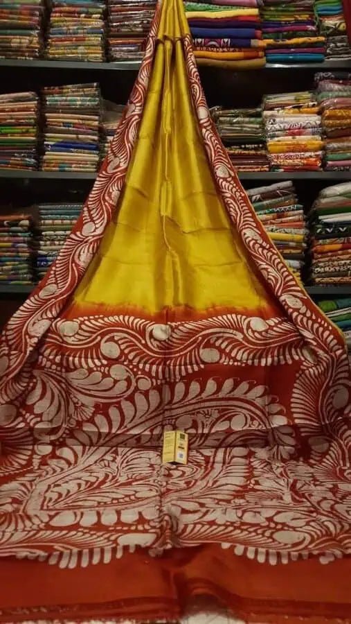 Pure Murshidabad Silk Saree Ð Batik Yellow Red Festive Wear, S10888 - Saree - Aakritee - S10888