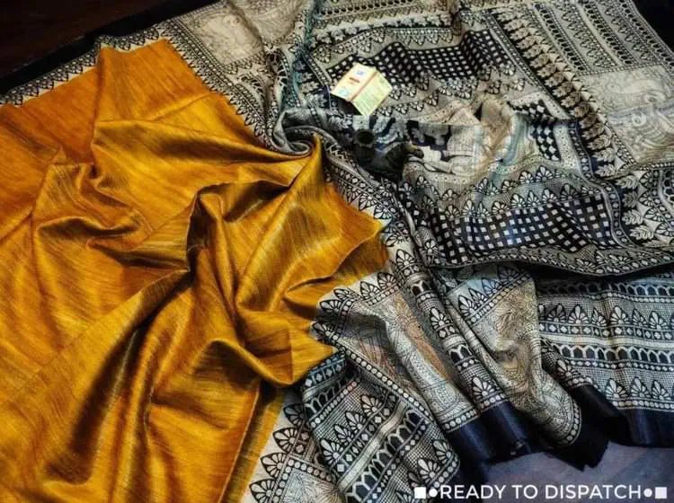 Pure Tussar Block Print Madhubani Saree Ð Mustard Black - Saree - Aakritee - S10781