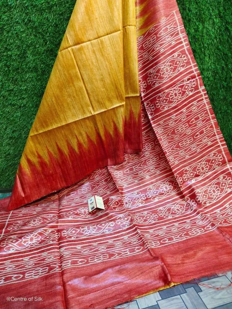 Pure Tussar Ghicha Saree Ð Yellow Red Temple Border - Saree - Aakritee - S10779