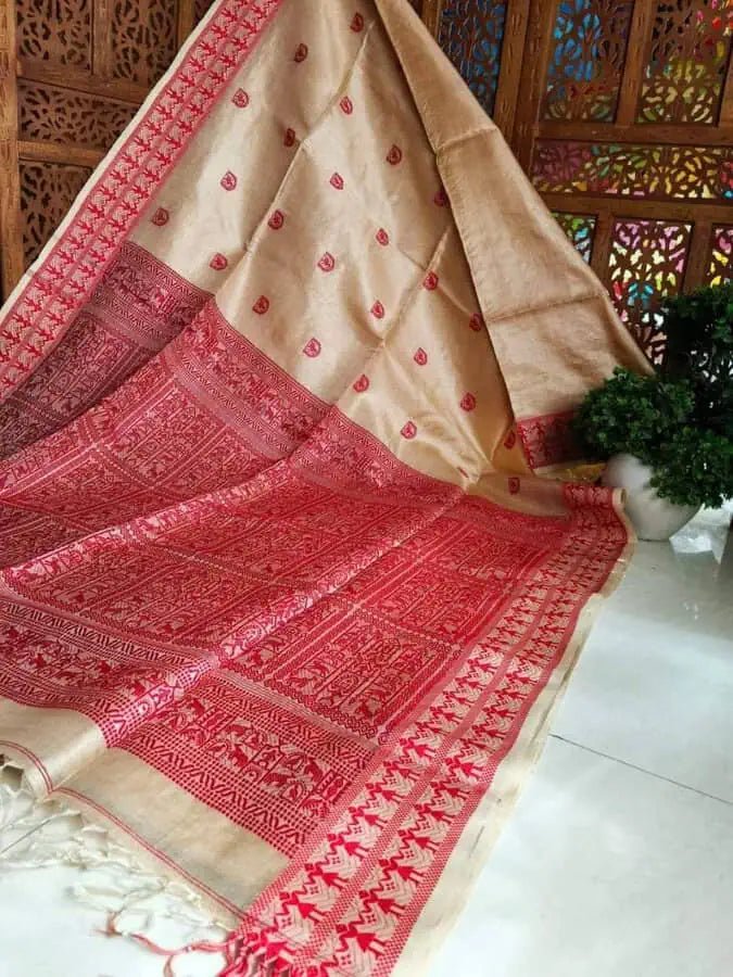 Pure Tussar Saree, Festive Durga Puja, Beige and Red - Saree - Aakritee - S10500