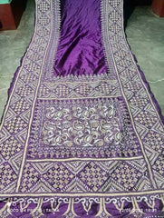 Purple Bangalore Silk Saree with Hand Kantha Stitch for Festive - Saree - Aakritee - S10445