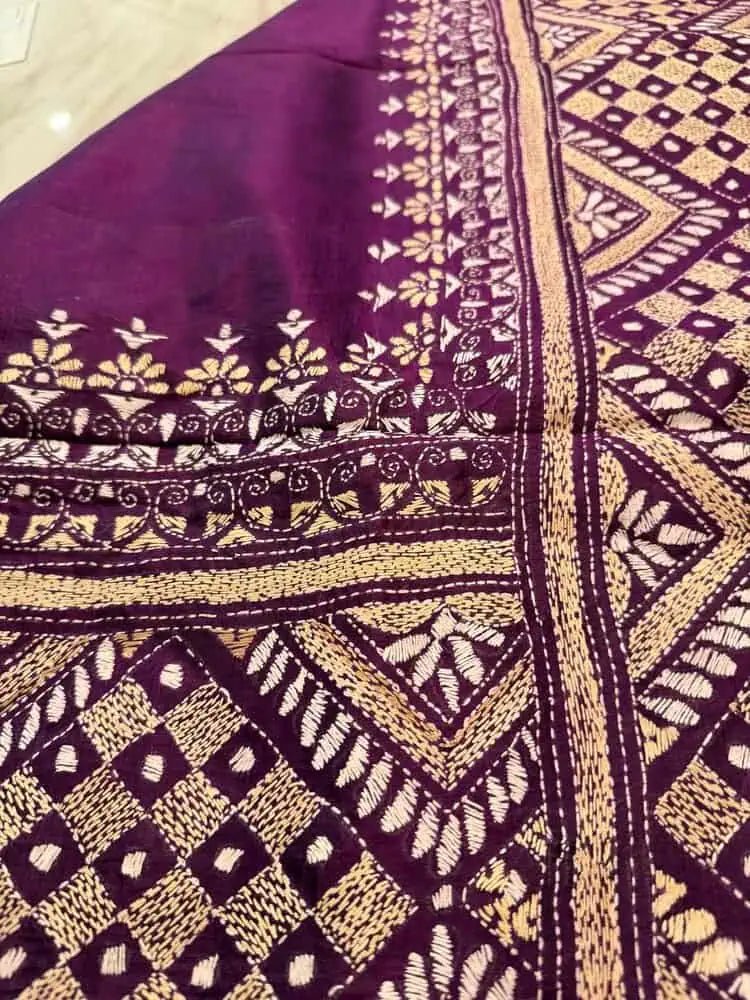 Purple Bangalore Silk Saree with Hand Kantha Stitch for Festive - Saree - Aakritee - S10445