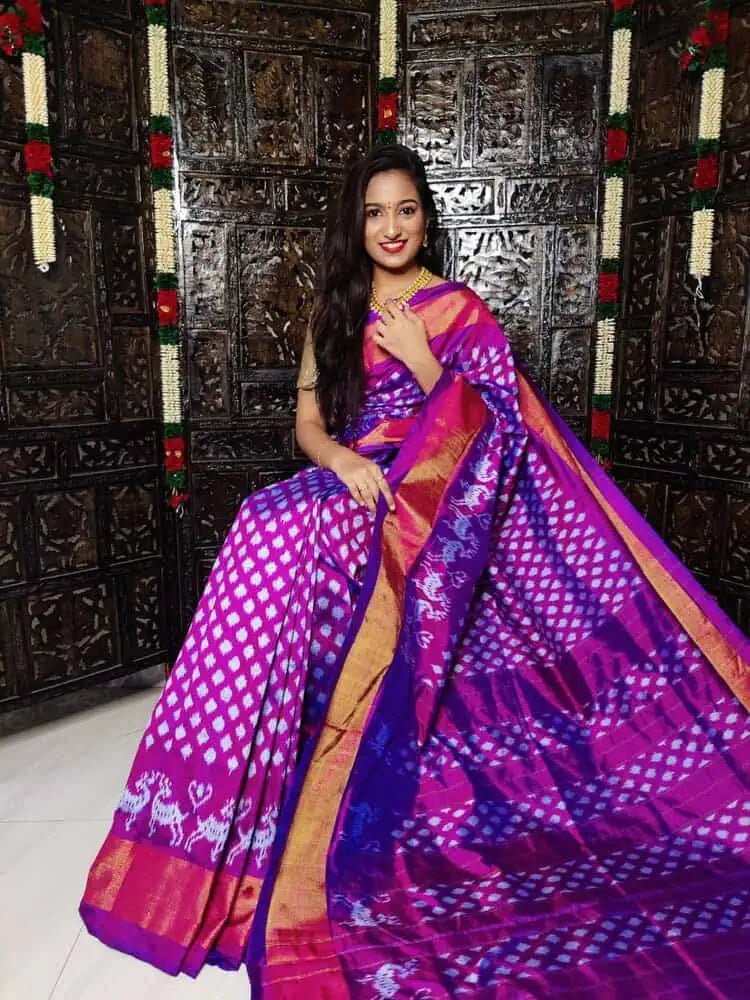 Purple Silk Ikkat Saree for Festive Durga Puja - Saree - Aakritee - S10449