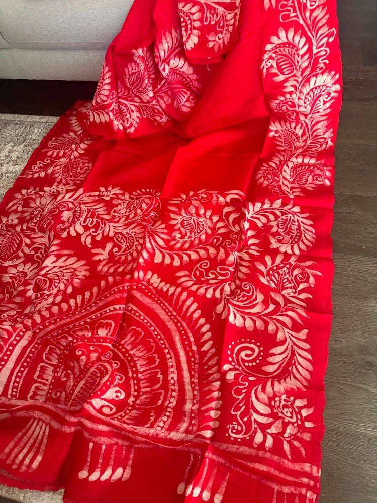 Red Bishnupuri Silk Hand Batik Saree - Saree Bishnupuri Silk Hand Batik Red Festive Pujo Edit Diwali Festive Traditional S11248 - Saree - Aakritee - S11248