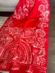 Red Bishnupuri Silk Hand Batik Saree - Saree Bishnupuri Silk Hand Batik Red Festive Pujo Edit Diwali Festive Traditional S11248 - Saree - Aakritee - S11248