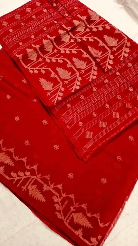 Red Cotton Jamdani Saree for Festive Durga Puja - Saree - Aakritee - S10448