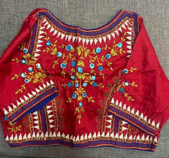 Red Embroidered Malaicotton Blouse with Sleeves - BL0053 - Blouse - Aakritee - BL0053