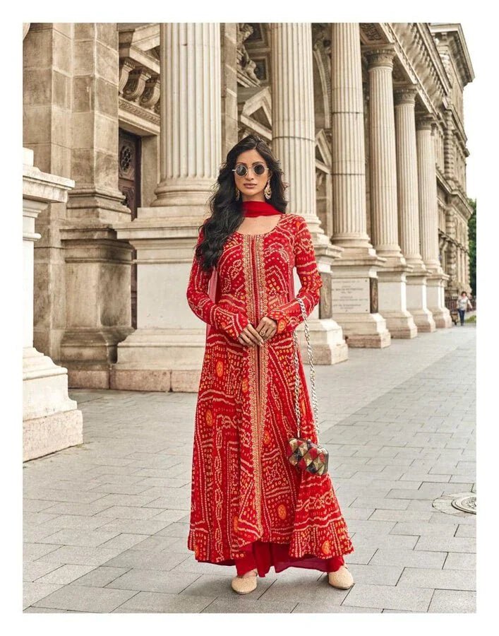 Red Georgette Bandhej Front Slit Salwar/Kurtis Suit for Festive Wear - Salwar/Kurtis suit - Aakritee - SS00004