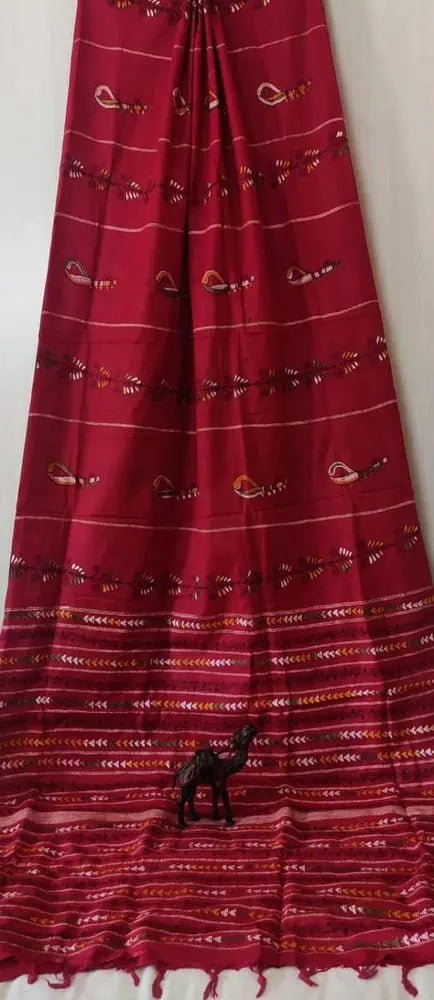 Red Handloom Kantha Embroidery Saree Festive - S10395 EOFY - 15% - Saree - Aakritee - S10395