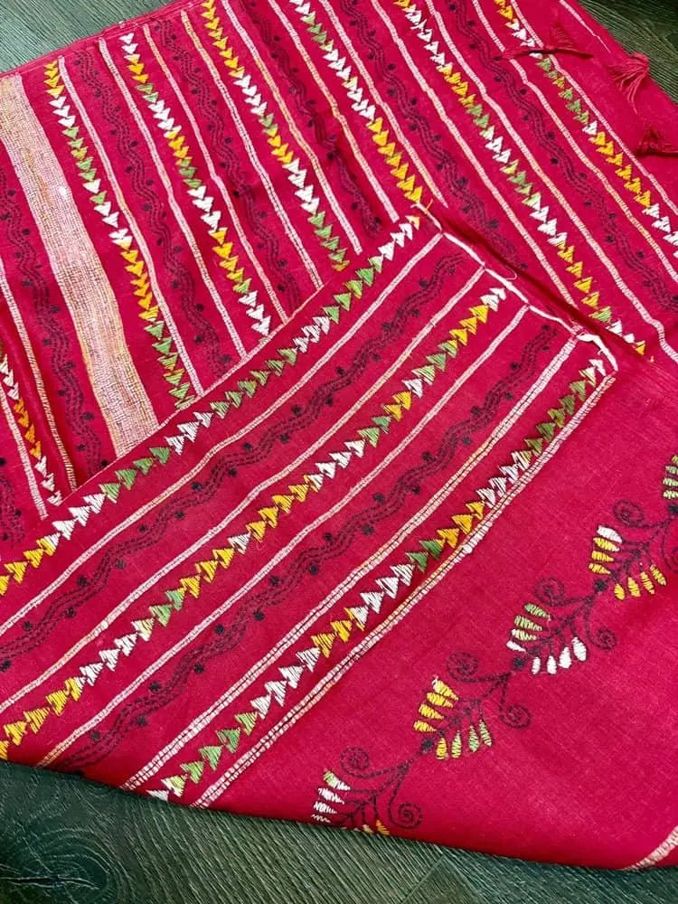 Red Handloom Kantha Embroidery Saree Festive - S10395 EOFY - 15% - Saree - Aakritee - S10395