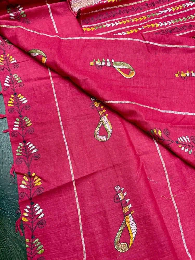 Red Handloom Kantha Embroidery Saree Festive - S10395 EOFY - 15% - Saree - Aakritee - S10395