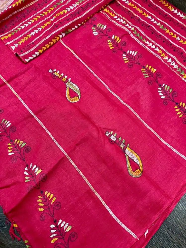 Red Handloom Kantha Embroidery Saree Festive - S10395 EOFY - 15% - Saree - Aakritee - S10395