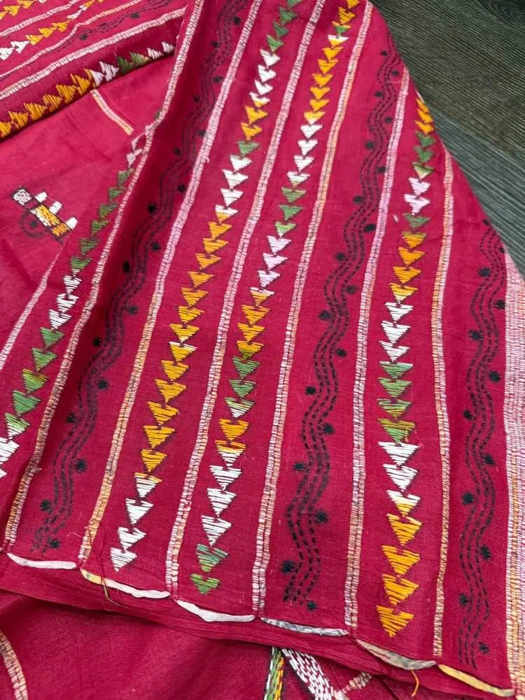 Red Handloom Kantha Embroidery Saree Festive - S10395 EOFY - 15% - Saree - Aakritee - S10395