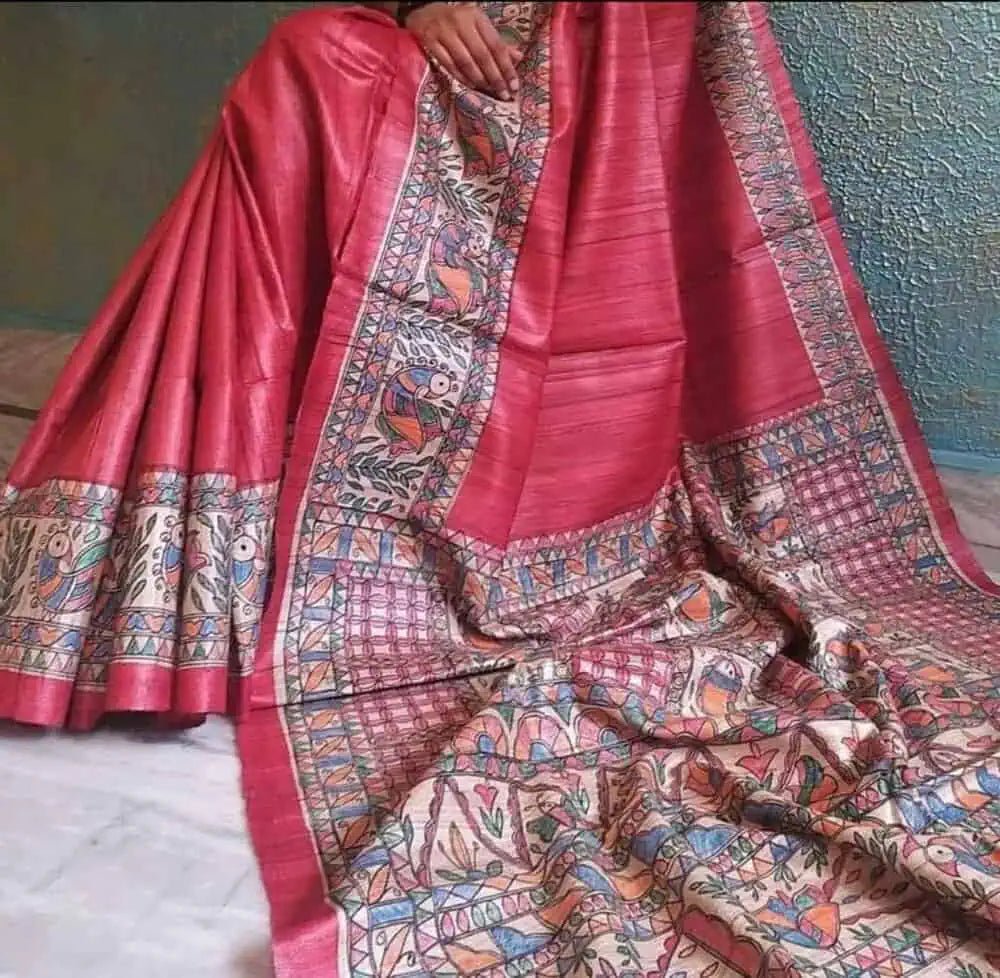 Red Handpainted Madhubani Tussar Ghicha Saree - S10386 - Saree - Aakritee - S10386