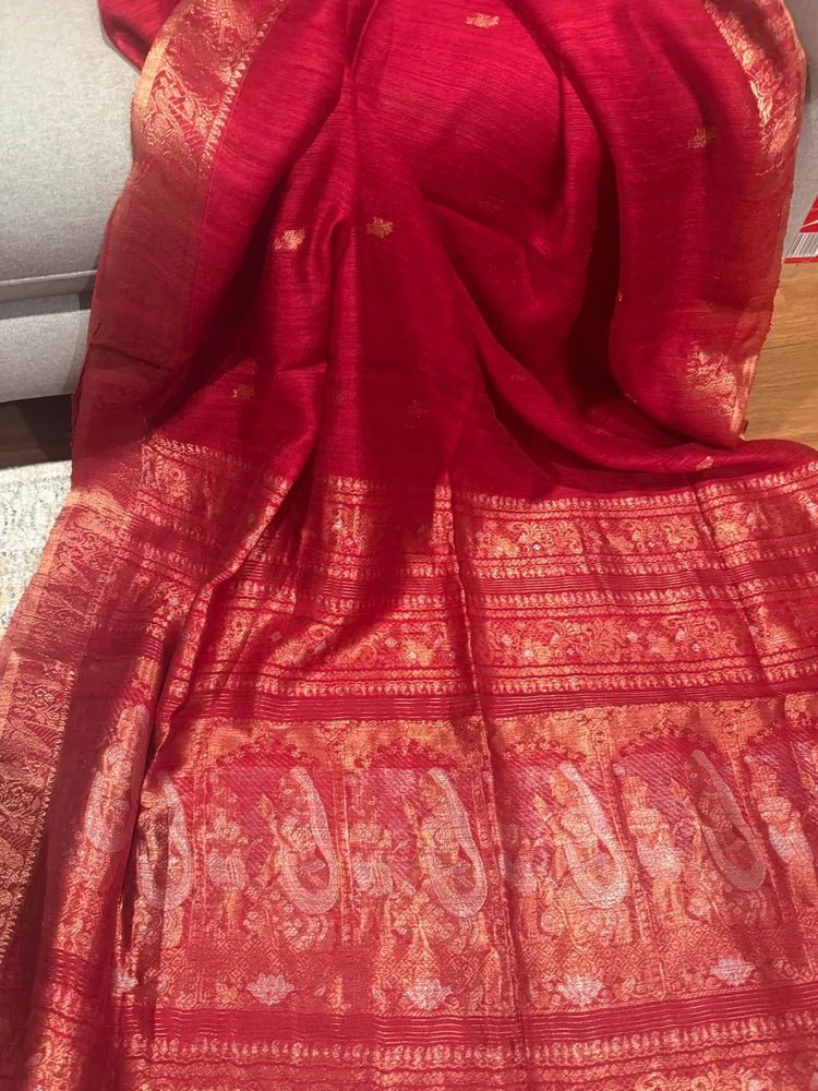 Red Pure Matka Baluchari Saree - Saree Pure Matka Baluchari Festive Diwali Red Traditional S11280 - Saree - Aakritee - S11280