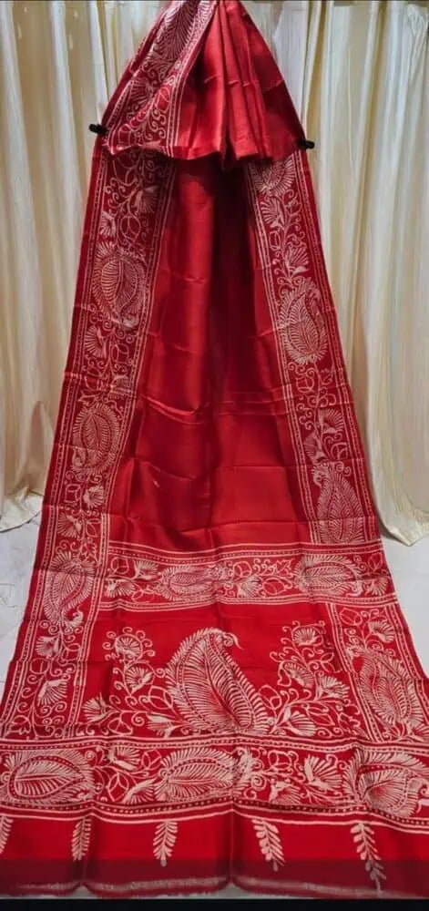 Red Silk Saree - Pure Murshidabadi Silk Hand Batik Traditional Festive Red S11064 - Saree - Aakritee - S11064