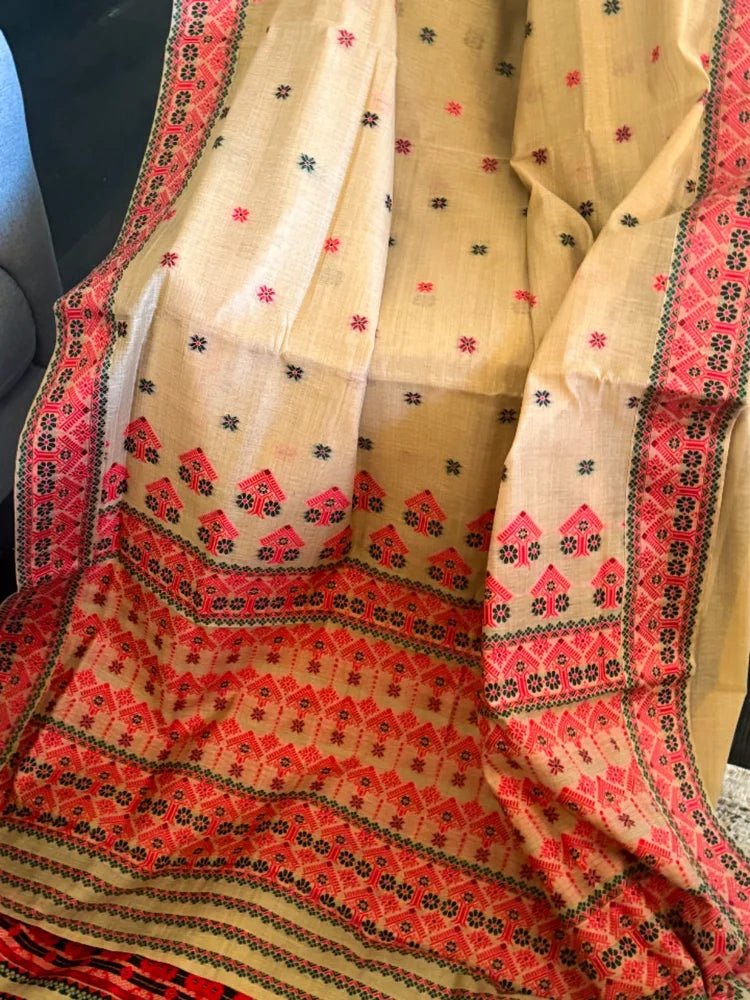Sandy Brown Assam Silk Cotton Saree - Saree Assam Silk Cotton Sandy Brown Festive Pujo Edit Diwali S11245 - Saree - Aakritee - S11245
