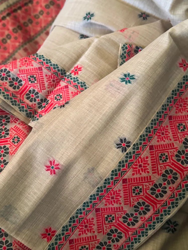 Sandy Brown Assam Silk Cotton Saree - Saree Assam Silk Cotton Sandy Brown Festive Pujo Edit Diwali S11245 - Saree - Aakritee - S11245