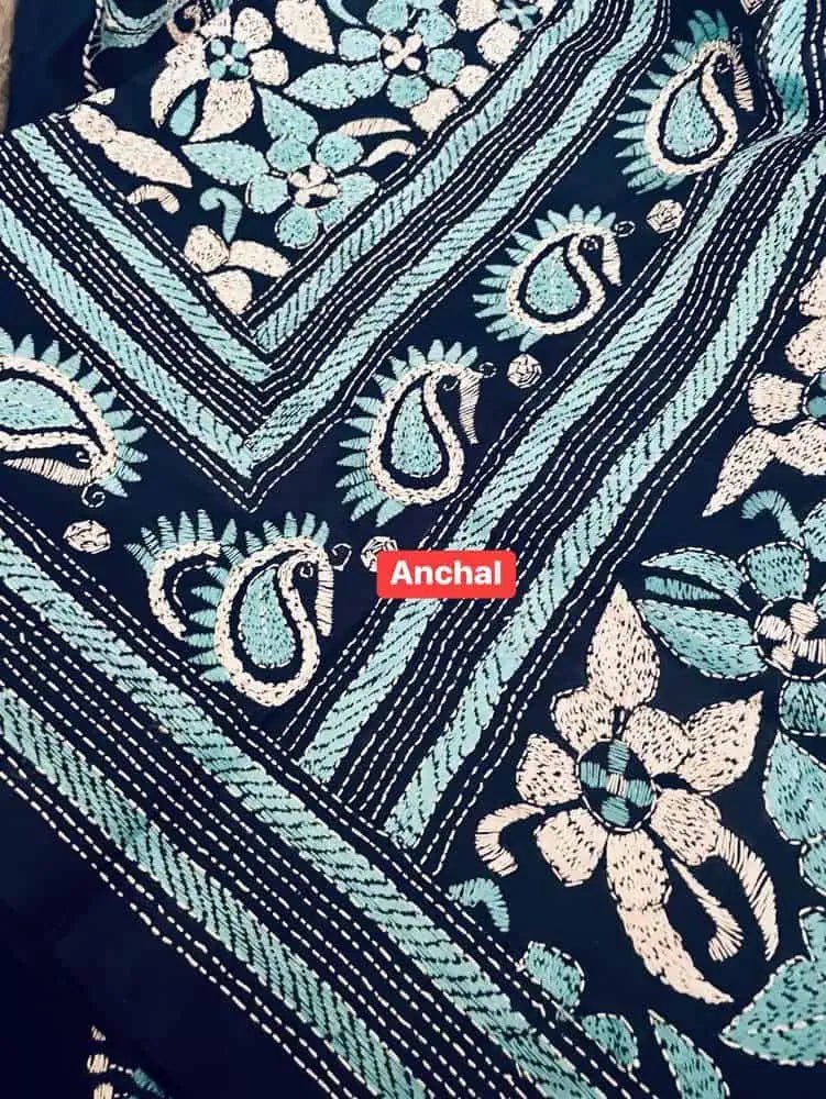 saree - 1 - all - over - hand - kantha - stitch - on - pure - bangalore - silk - blue - s10172 - Saree - Aakritee - S10173