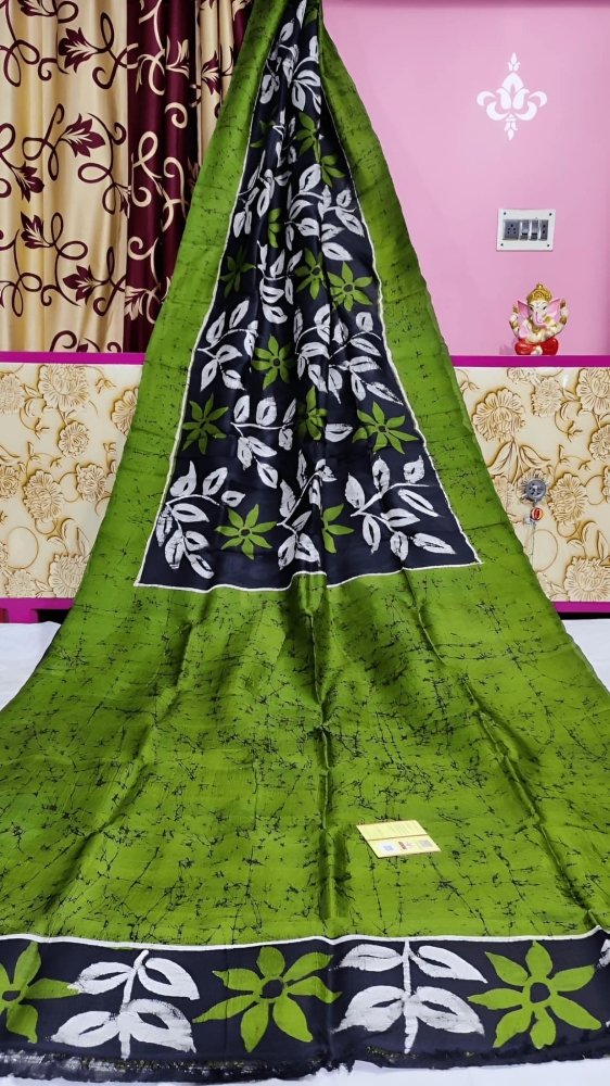 saree - 1 - silk - murshidabad - hand - batik - green - s10043 - Saree - Aakritee - S10044