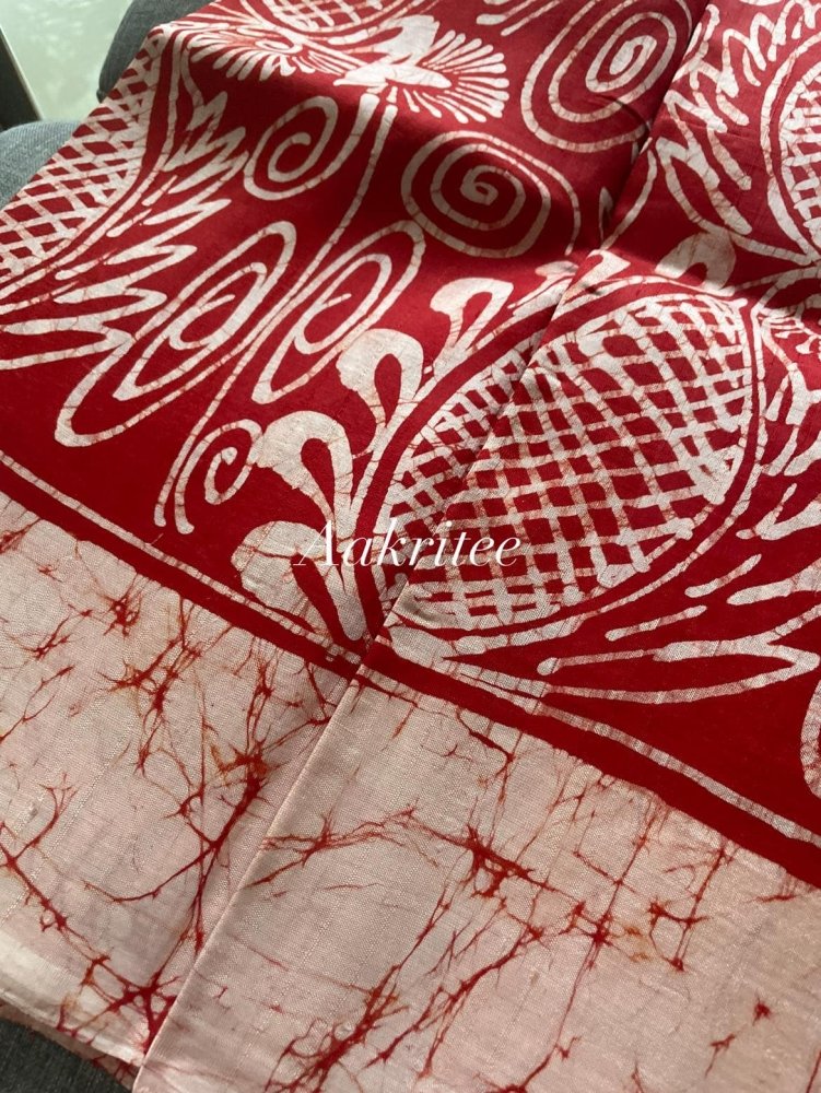 saree - 1 - silk - murshidabad - hand - batik - red - s10072 EOFY - 10% - Saree - Aakritee - S10073