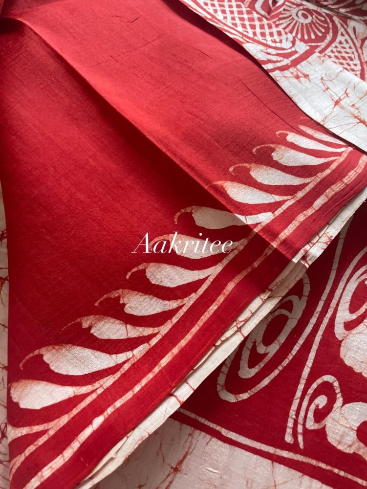 saree - 1 - silk - murshidabad - hand - batik - red - s10072 EOFY - 10% - Saree - Aakritee - S10073